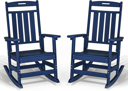 Plawdlik Oversized Outdoor Rocking Chair - All-Weather Resistant,HDPE Heavy Duty Patio Rockers with High Back - Perfect for Porch,Garden,Modern Style Set of 2-Navy Blue