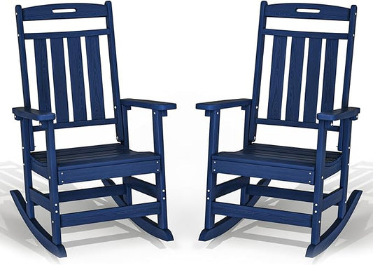 Plawdlik Oversized Outdoor Rocking Chair - All-Weather Resistant,HDPE Heavy Duty Patio Rockers with High Back - Perfect for Porch,Garden,Modern Style Set of 2-Navy Blue