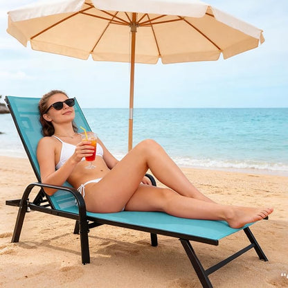 Simple Delxue Folding Chaise Lounge Chair with 5 Reclining Positions, Beach Recliner Chair with Armrests, Textilene Fabric & Steel Frame, Outdoor Patio Poolside Seating, 350 LBS Capacity, Cyan