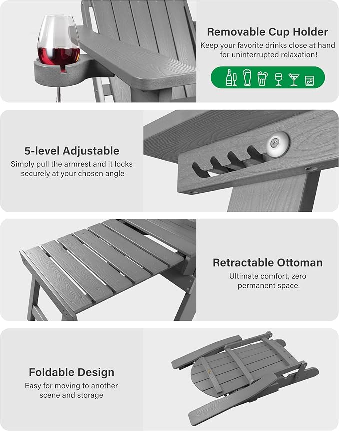 YEFU Adirondack Chair with Retractable Ottoman: Folding Adirondack Chairs Set of 2-5-Level Adjustable Backrest with Footrest - Fire Pit Chairs - Cup Holder - Outdoor Plastic Chair for Patio