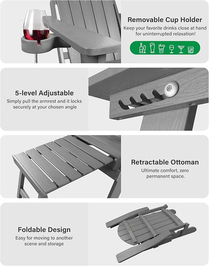 YEFU Adjustable Adirondack Chair with Footrest Set of 4, 5-Level Adjustable Adirondack Chair with Retractable Ottoman& Cup Holder, Folding Adirondacks Chairs Use for Outdoor, Pool, Fire Pit