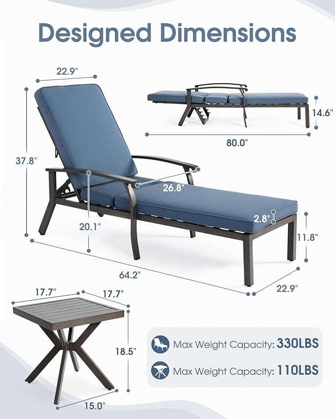 HOMEFUN Outdoor Chaise Lounge Chair 3-Piece Set, Hand-Brushed Wood Grain Cast Aluminum Recliners with Side Table - Photo 2