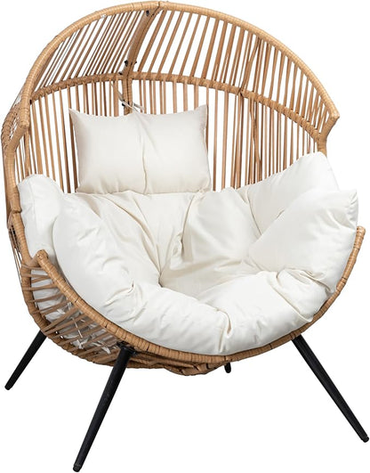 JAMFLY Wicker Egg Chair - Rattan Patio Chair with Cushion, Indoor-Outdoor Lounge Egg Basket Seat for Living Room, Bedroom, Patio, Backyard, Balcony (Beige)