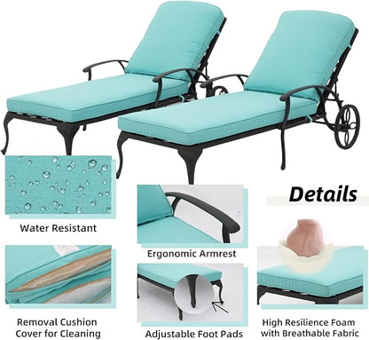 Chaise Lounge Outdoor Chair with Wheels, Adjustable Reclining Rust-Resistant Aluminum Cast Poolside Chaise Lounge Furniture Set of 2, Waterproof Blue Cushion