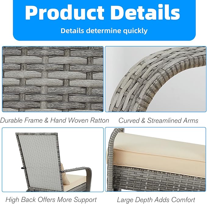 AECOJOY 2 Pieces Outdoor Wicker Patio Chairs, Outdoor Dining Adirondack Rattan Chair with Cushion and Pillow, All Weather High Back Rattan Wicker Patio Dining Chairs for Garden,Backyard,Porch,Grey