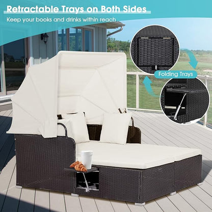 Moccha Outdoor Daybed with Retractable Canopy, Wicker Cabana with 2 Side Tables & Soft Cushions ,Hand-Woven PE Rattan Bed Lounger, Patio Sectional Furniture Set for Garden Backyard Porch (Off White)