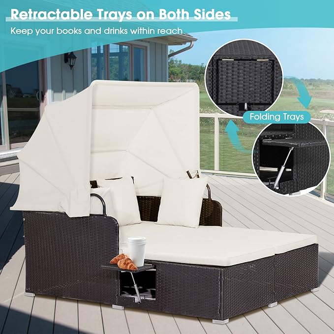 RELAX4LIFE Patio Outdoor Daybed with Canopy, Wicker Sunbed w/Cushions, 4 Pillows & 2 Retractable Side Trays - Photo 6