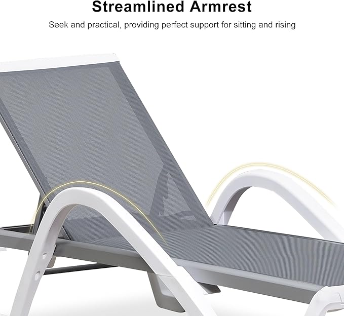 PURPLE LEAF Patio Chaise Lounge Chair with Armrests Outside Aluminum Plastic Stackable Tanning Chairs for Pool Sunbathing Beach Deck Outdoor Lounger, Light Grey