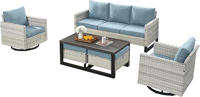 Wicker Outdoor Patio Furniture Set - 6 Piece Patio Conversation Set with 2 Swivel Rocker Chairs, 2 Rattan Ottoman - Photo 1