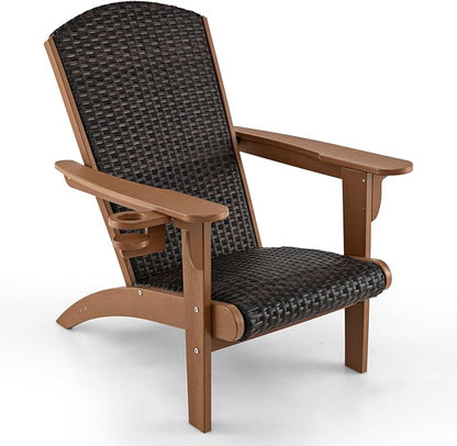 Tangkula Patio Wicker Adirondack Chair, HDPE Lounge Chair w/Rattan Padded Seat & Back, Wide Armrests & Hidden Cupholder, Outdoor All-Weather Adirondack Fire Pit Chair for Backyard, Lawn (1, Coffee)