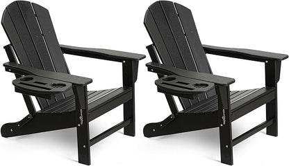 Adirondack Chair Set of 2, HDPE Folding Adirondack Chair with Multifunctional Cup Holder, Weather Resistant Fire Pit Chair for porches, patios, patios, poolsides, Decks.