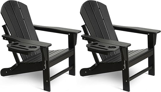 Adirondack Chair Set of 2, HDPE Folding Adirondack Chair with Multifunctional Cup Holder, Weather Resistant Fire Pit Chair for porches, patios, patios, poolsides, Decks.