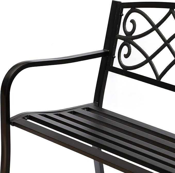 Outdoor Garden Patio Steel Park Bench Lawn Decor with Cast Iron Unique Design Back, Black Seating Bench for Yard, Patio, Garden, Balcony, and Deck