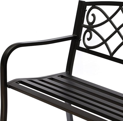 Outdoor Garden Patio Steel Park Bench Lawn Decor with Cast Iron Unique Design Back, Black Seating Bench for Yard, Patio, Garden, Balcony, and Deck