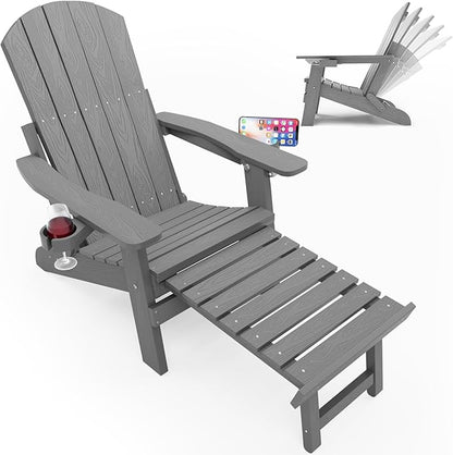 YEFU Folding Adirondack Chair with Footrest,Adjustable Adirondack Chair with Retractable Ottoman & 2 Cup Holder, 5-Level Adjustable Adirondacks Chairs, for Outdoor, Pool, Patio, Fire Pit (Grey)