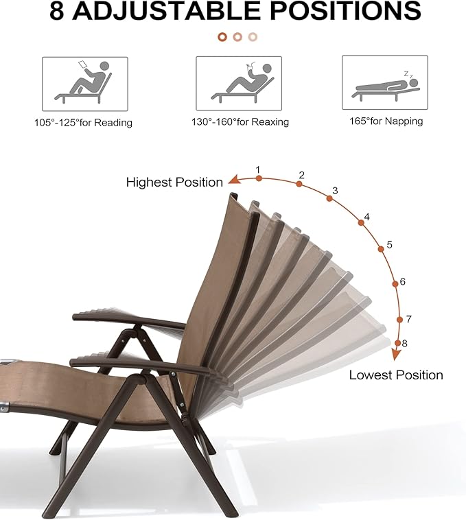 Crestlive Products Chaise Lounge Chair Outdoor Set of 2, Aluminum Folding Patio Recliner Chair, Adjustable 8 Positions Assemble-Free Perfect for Beach, Yard, Pool, Deck