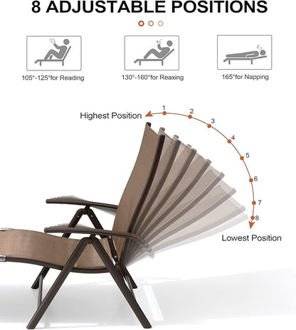 Crestlive Products 2PCS Chaise Lounge Chair Outdoor with 1PC Side Table, Aluminum Folding Patio Recliner Chair, Adjustable 8 Positions Assemble-Free