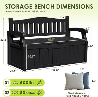 Greesum 80 Gallon Outdoor Storage Bench, Weather-Resistant Deck Box, Patio Furniture Bench for Backyard, Garden, Porch, Large Capacity Seat for Pillows Cushions Patio Accessories, Dark Black