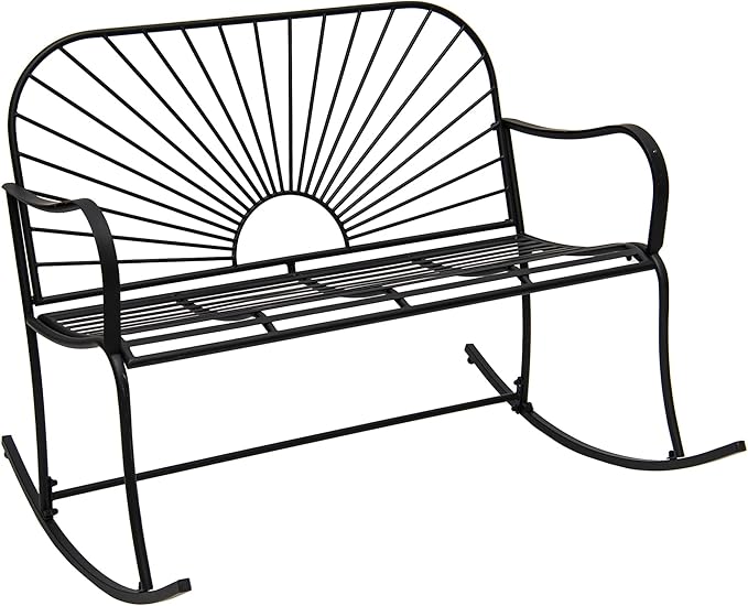 XBrand 44.5" L Iron Sun-Patterned Seat for Two Indoor/Outdoor Rocking Bench, Durable Patio Glider Bench, Black