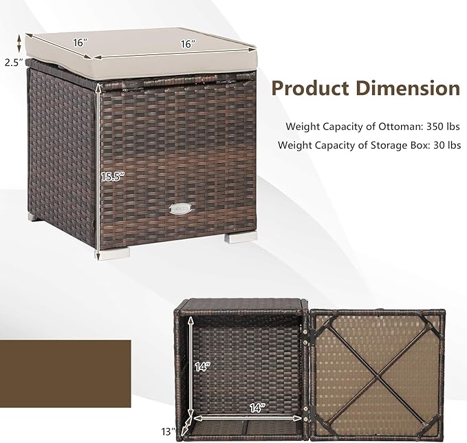 Tangkula 2 Pieces Patio Ottomans, Patiojoy Hand-Woven PE Rattan Side Table with Removable Cushion & Hidden Storage Space - Photo 9