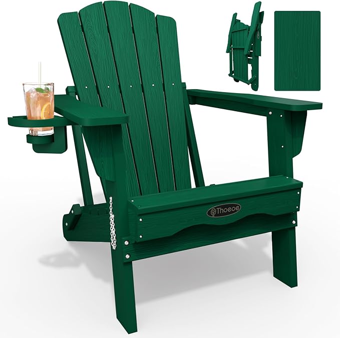 Folding Adirondack Chair, HDPE All-Weather Outdoor Chair with Cup Holder, Wooden Textured, Fire Pit Chair - Photo 1