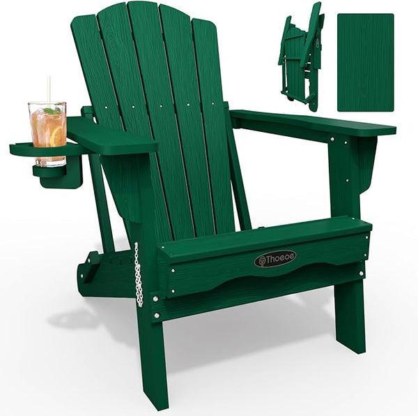 Folding Adirondack Chair, HDPE All-Weather Outdoor Chair with Cup Holder, Wooden Textured, Fire Pit Chair - Photo 1