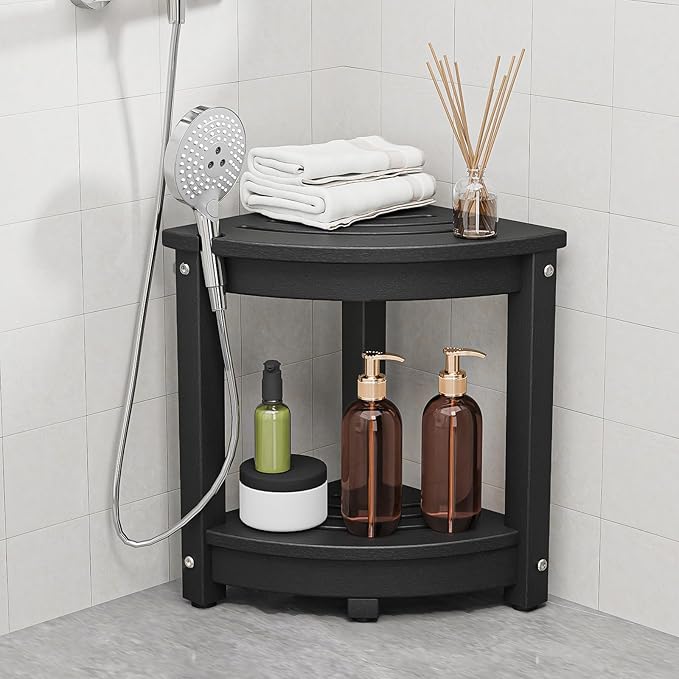 VINGLI Outdoor Side Table, HDPE Space-Saving Patio Side Table Corner Table Shower Bench, Waterproof 2-Tier Patio End Tables for Balcony Garden Deck (Black)