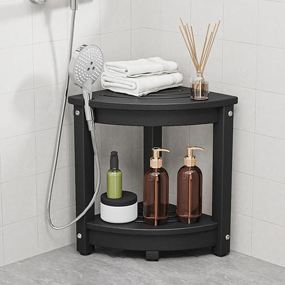 VINGLI Outdoor Side Table, HDPE Space-Saving Patio Side Table Corner Table Shower Bench, Waterproof 2-Tier Patio End Tables for Balcony Garden Deck (Black)