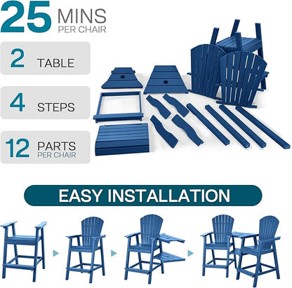 Tall Adirondack Chairs Set of 8, HDPE Balcony Chair with Double Connecting Tray, Weather Resistant Outdoor Adirondack Bar Stools for Patio, Deck, Patio, Backyard, Balcony. (Navy Blue)
