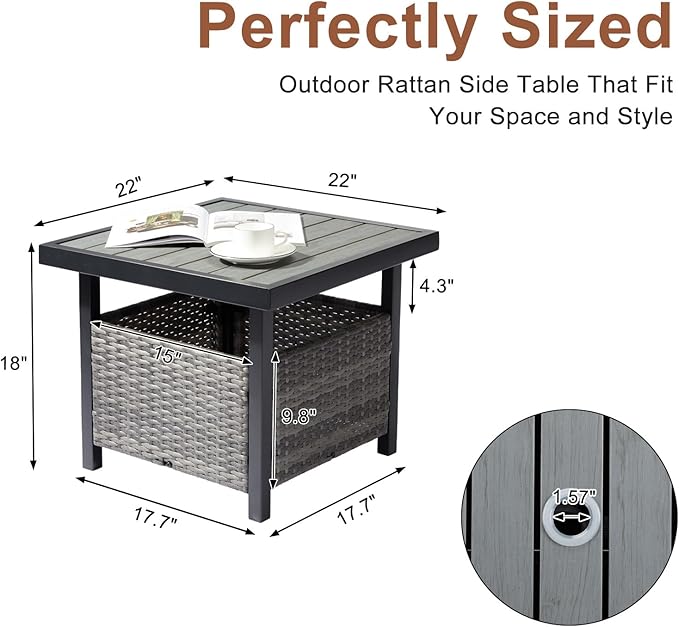 Outdoor Wicker Side Table with Umbrella Hole & Storage Space, Square PE Rattan End Table for Patio Garden Poolside Deck