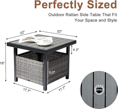 Outdoor Wicker Side Table with Umbrella Hole & Storage Space, Square PE Rattan End Table for Patio Garden Poolside Deck