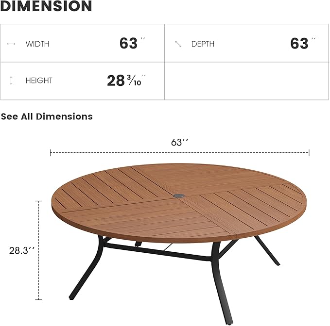 Patio Dining Table for 8-10, Round Metal Outdoor Table with Storage Shelf, 1.57" Umbrella Hole, 63" Outdoor Quartered Tabletop Dining Table for Backyard, Porch, Lawn, Walnut