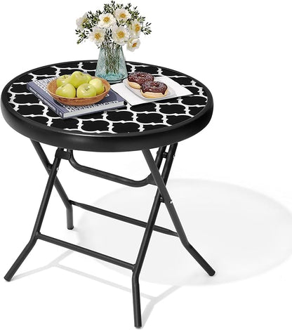 Foldable Side Table with Tempered Glass Top 18" Outdoor Folding Side Tables Small Glass Patio Table for Porch Yard Balcony Deck Lawn Dining Garden (Black and White Stripe)
