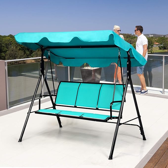TANGKULA 3 Person Patio Swing, Steel Frame with Polyester Angle Adjustable Canopy, All Weather Resistant Swing Bench - Photo 3