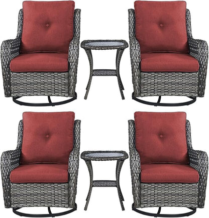 Rilyson Wicker Rocking Chair Swivel Chairs – 6 Piece Rocker Patio Furniture Set Rattan Rocking Bistro Sets with Glass Top Side Table for Outdoor Porch Deck Garden Backyard(Mixed Grey/Red)