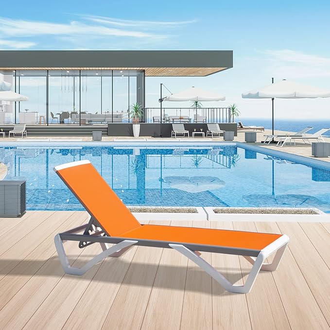 Domi Chaise Lounge Outdoor, Patio Lounge Chair with Aluminum Frame, All Weather Pool Lounge Chair for Deck Lawn Backyard, Orange Textilene
