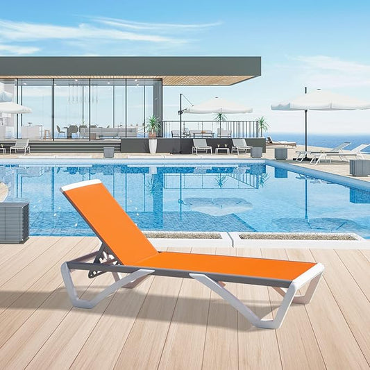 Domi Chaise Lounge Outdoor, Patio Lounge Chair with Aluminum Frame, All Weather Pool Lounge Chair for Deck Lawn Backyard, Orange Textilene