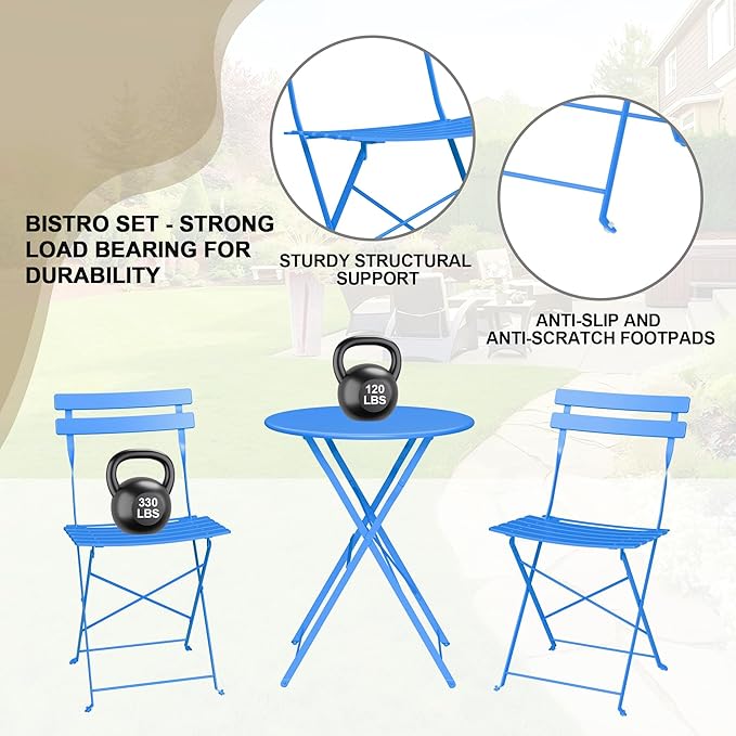 GarveeLife Outdoor Metal Bistro Set, 3-Piece Patio Furniture Set with 2 Chairs and 1 Table, Flat Steel Frame Patio Dining Set for Garden, Balcony, Porch & Backyard,Blue