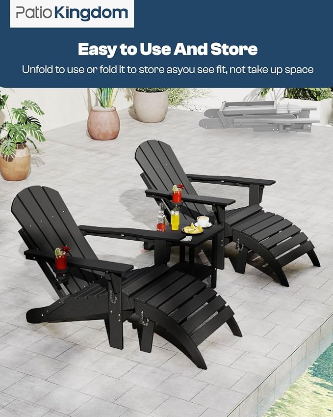 Adirondack Chair with Footrest and Table Set,Folding Chair with Retractable Ottoman,HDPE All Weather Fire Pit Chair with Cup Holder,5-Piece(Black, 2 Chair & 2 footrest & 1 Table)