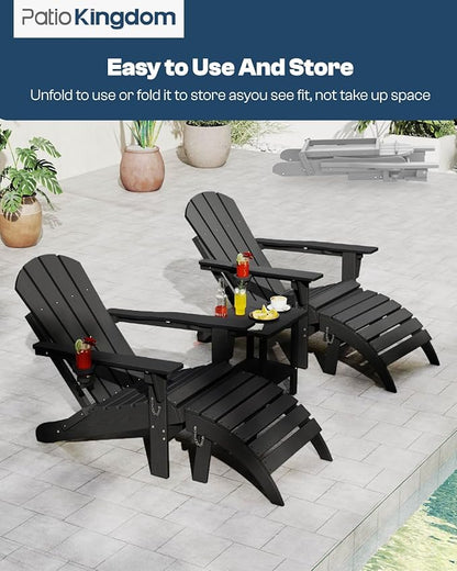 Adirondack Chair with Footrest Set of 4,Folding Adirondack Chair with Retractable Ottoman Set,HDPE All Weather Fire Pit Chair with Cup Holder,8-Piece(Black, 4 Chair & 4 footrest)