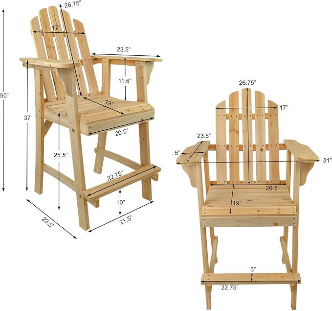 Ready-to-Finish Balcony Tall/Counter High Adirondack Chair with Footrest for Outdoor Outside Garden - Unfinished Natural Wood Bar Chair