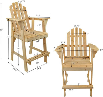 Ready-to-Finish Balcony Tall/Counter High Adirondack Chair with Footrest for Outdoor Outside Garden - Unfinished Natural Wood Bar Chair