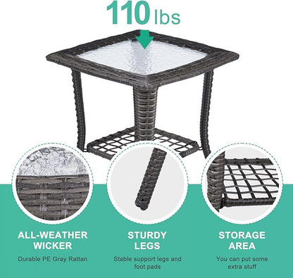 Outdoor Wicker Side Table, Rattan End Table with Glass Top, Patio Coffee Bistro Table for Indoor Garden Porch Balcony (Grey)