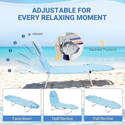 DoCred Heavy Duty Tanning Chair with Face Hole, Adjustable 5-Position Folding Chaise Lounge Chairs for Outside, Portable Lay Flat Beach Lounge Chair for Outdoor Sunbathing Beach Pool Lawn Camping