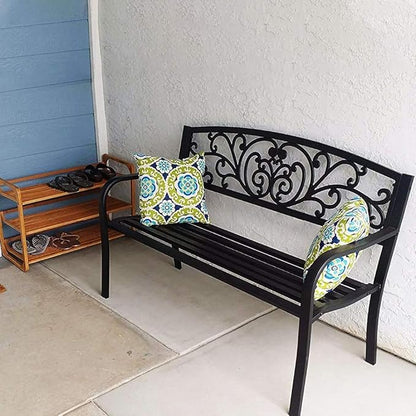 Patio Bench Park Bench Outdoor Bench Garden Bench Metal Pack Bench with Armrests 480lbs Cast Iron Sturdy Steel Frame Furniture Chair for Porch Entryway Lawn Decor Deck, Black