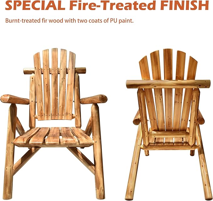DJL Adirondack Wooden Chair Outdoor Patio Lounge Log Cabin Furniture Rustic Solid Wood Comfortable Seating for Porch, Balcony, Lawn, Fire Pit, Deck, Brown, 42.12 Inches Tall