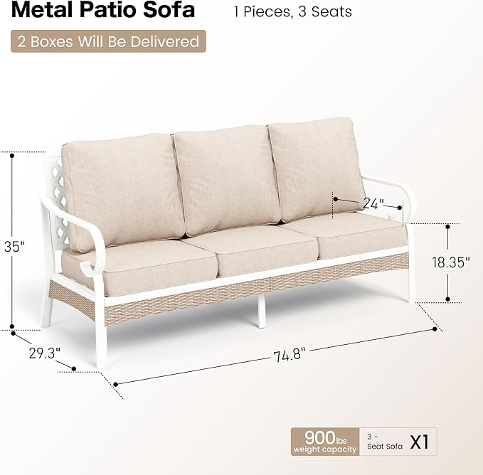 Metal Patio Furniture Sofa with 5.75" Extra Thick Cushion, 3-Seater Deep Seating & High-Back White Frame Outdoor Couch All Weather Outdoor Seating for Deck Gazebo Porch, Beige