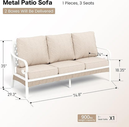Metal Patio Furniture Sofa with 5.75" Extra Thick Cushion, 3-Seater Deep Seating & High-Back White Frame Outdoor Couch All Weather Outdoor Seating for Deck Gazebo Porch, Beige