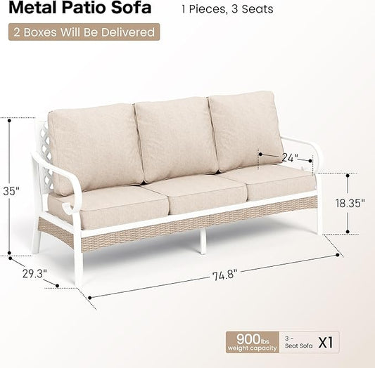 Metal Patio Furniture Sofa with 5.75" Extra Thick Cushion, 3-Seater Deep Seating & High-Back White Frame Outdoor Couch All Weather Outdoor Seating for Deck Gazebo Porch, Beige