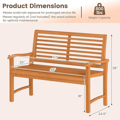 Tangkula Teak Wood Outdoor Bench with Backrest, Patio Garden Park Bench with Slatted Backrest & Seat, Curved Armrests, 800 lbs Capacity, 2-Person Outside Loveseat for Porch, Deck and Backyard